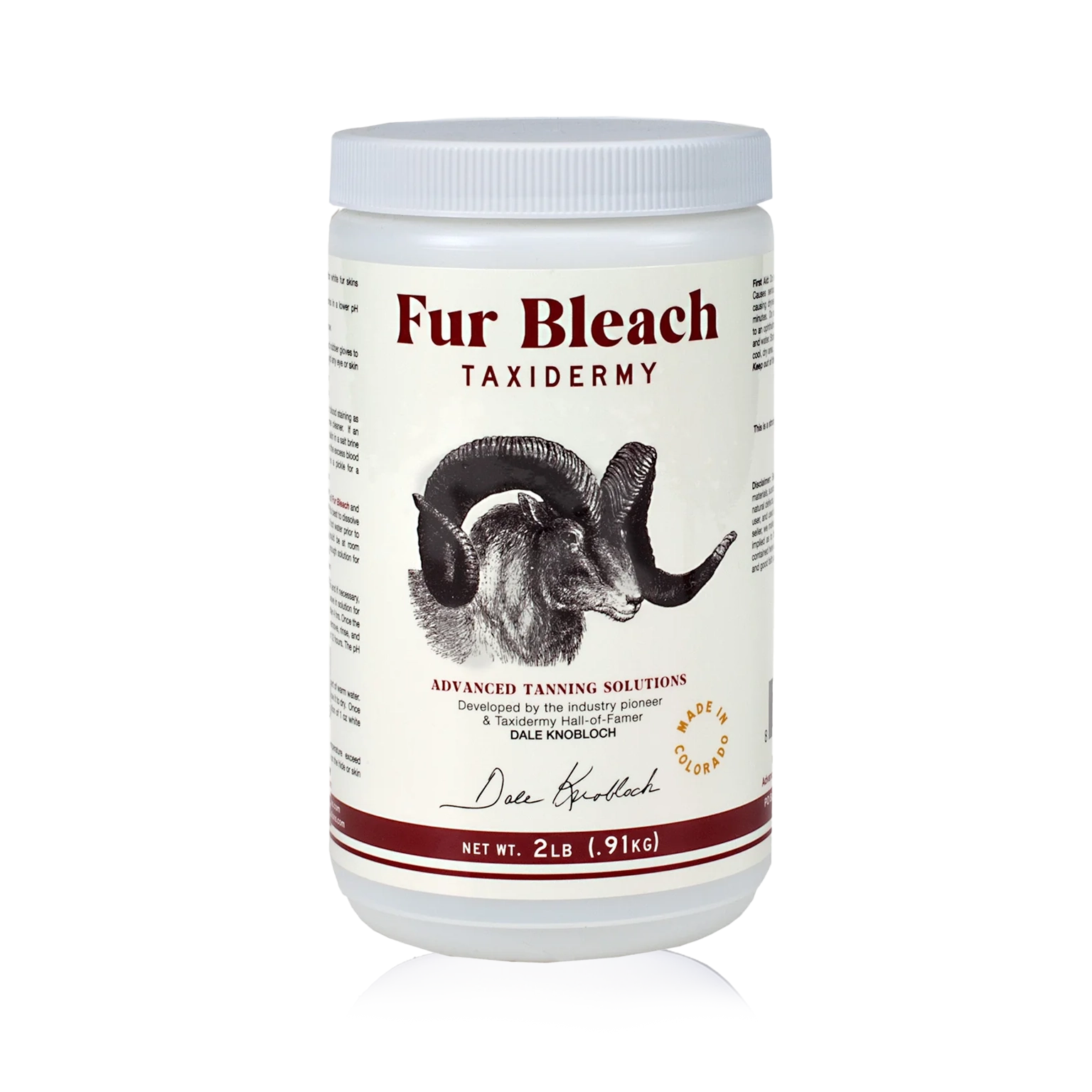 A container of Advanced Tanning Solutions Fur Bleach Taxidermy with a label featuring an illustration of a dall sheep.