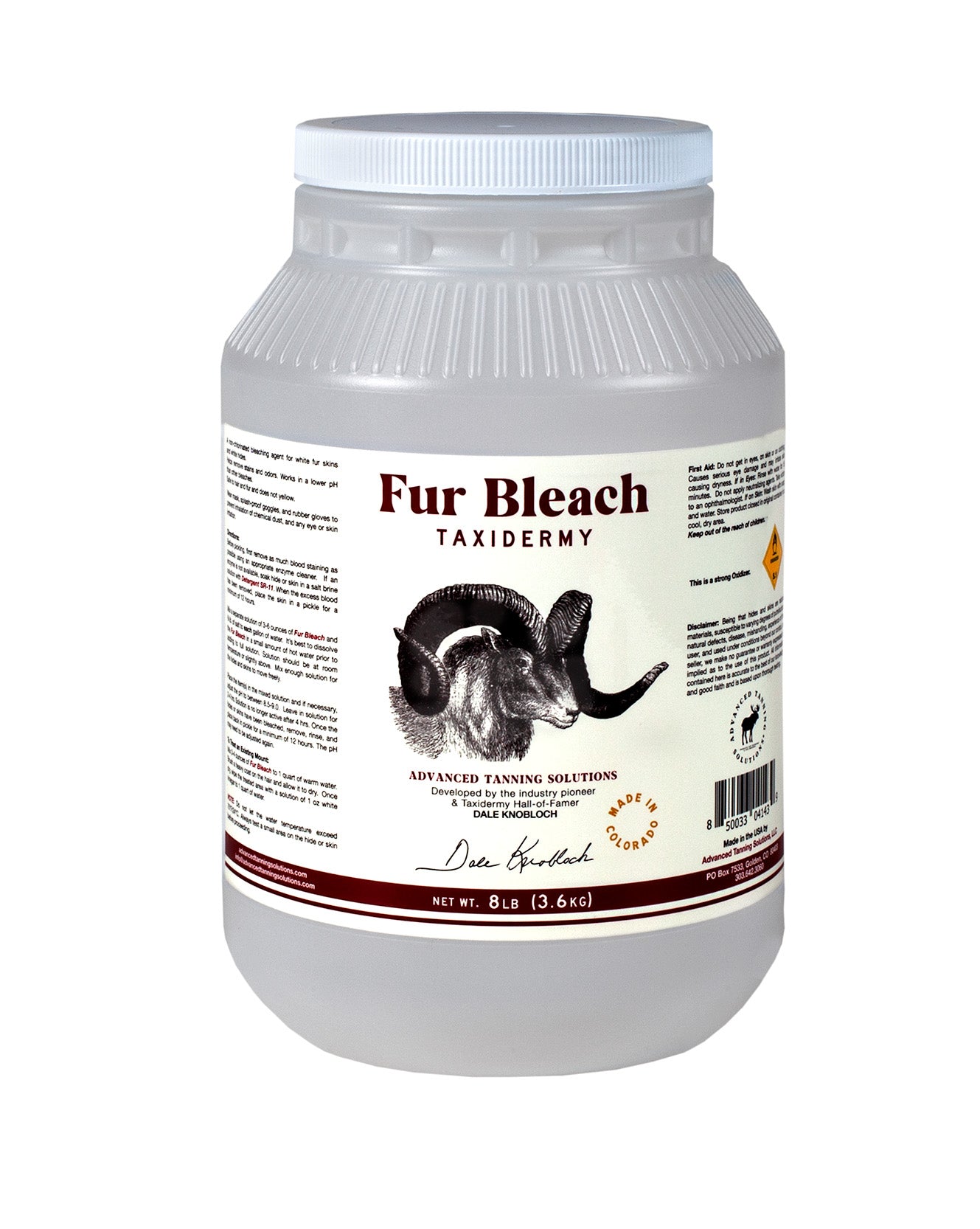 An 8lb container of Advanced Tanning Solutions Fur Bleach Taxidermy with a label featuring an illustration of a dall sheep.