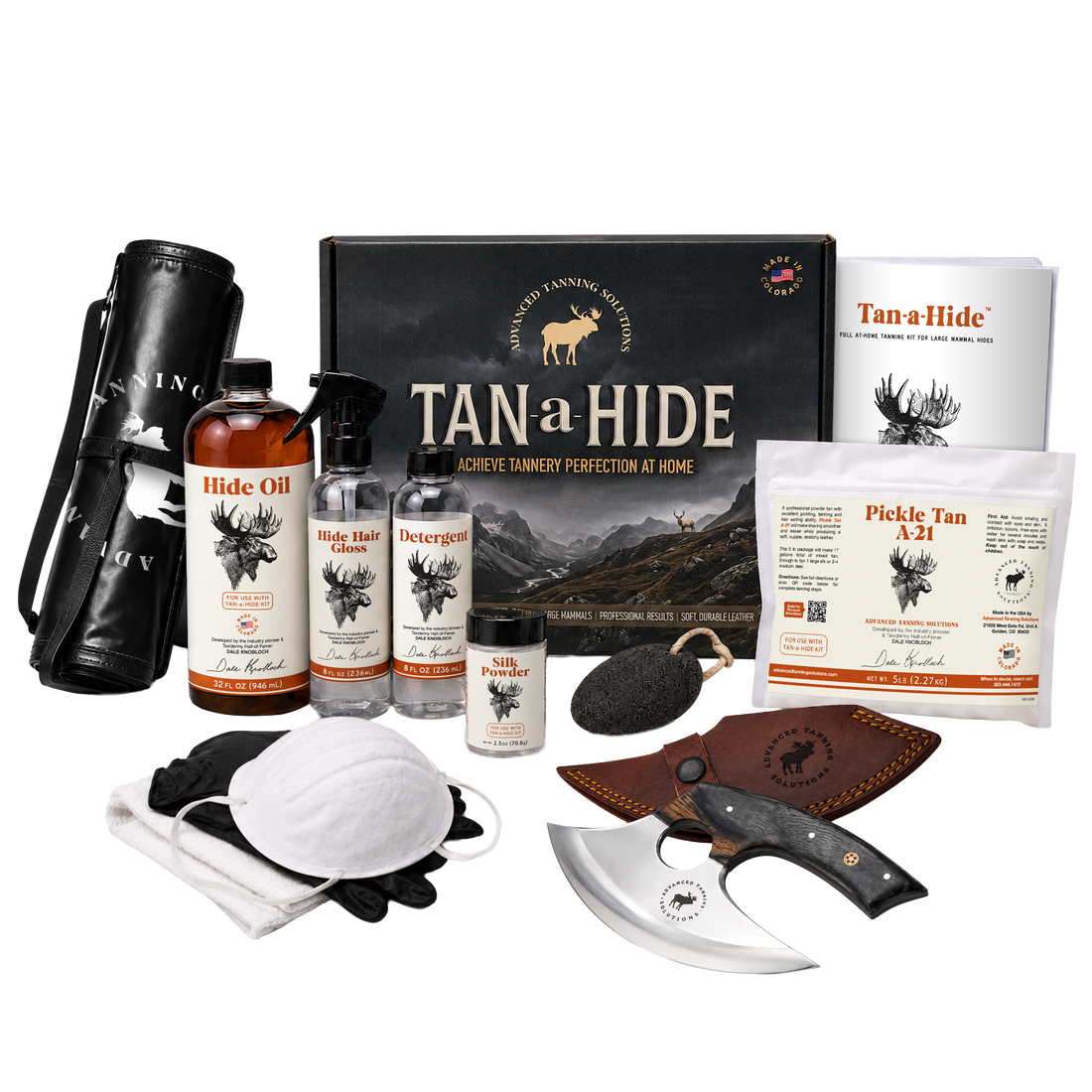 TAN a HIDE  tanning kit  bottles of hide oil, hide hair gloss, detergent, and pickle tan a-21,  gloves, a face mask, a fleecing knife with a leather sheath, and new branded box.