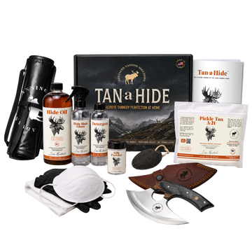TAN a HIDE  tanning kit  bottles of hide oil, hide hair gloss, detergent, and pickle tan a-21,  gloves, a face mask, a fleecing knife with a leather sheath, and new branded box.